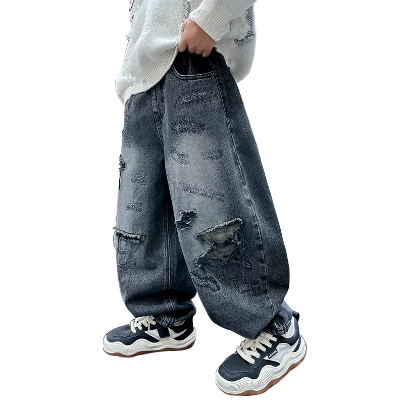 

American Kids Vintage Washed and Distressed Baggy Jeans For Teenage Boys High Street Casual Ripped Denim Pants Children Age 5-14
