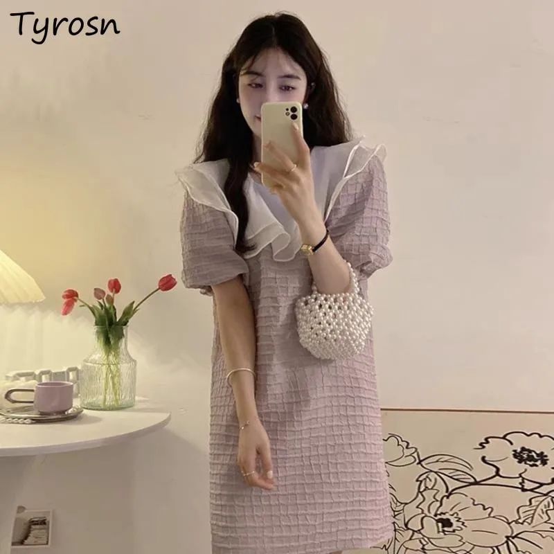 

Short Puff Sleeve Mini Dresses Women Ruffles Collar Summer Patchwork New Fashion Korean Cute Simple Leisure All-match Trendy