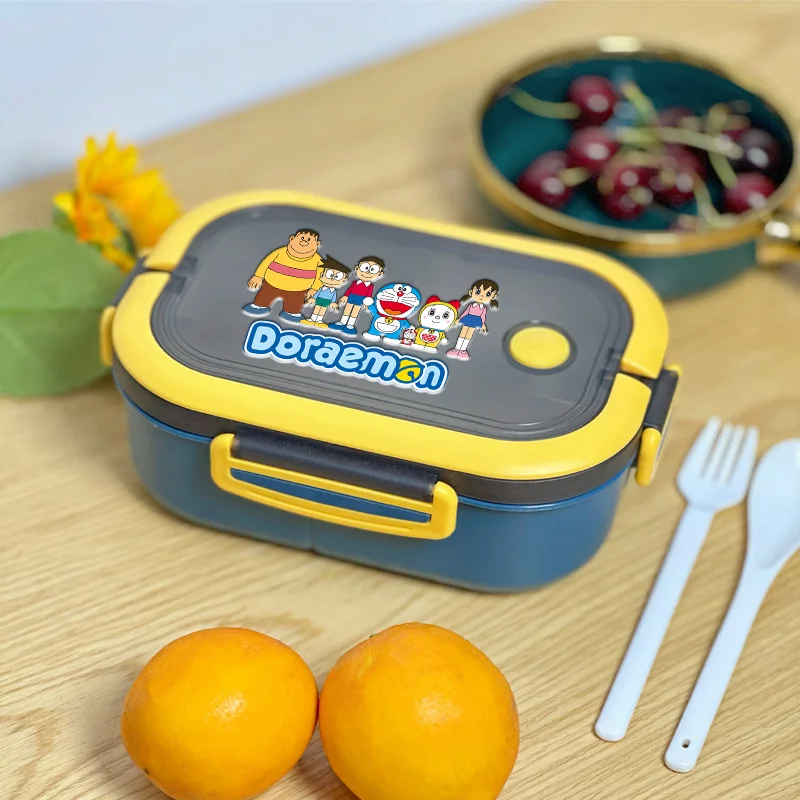 Ланч-бокс из серии Doraemon с ложкой, милый принт, контейнер для еды, бенто-бокс, подходит для микроволновки, удобный для разогрева, мультяшный дизайн, подарок на день рождения
