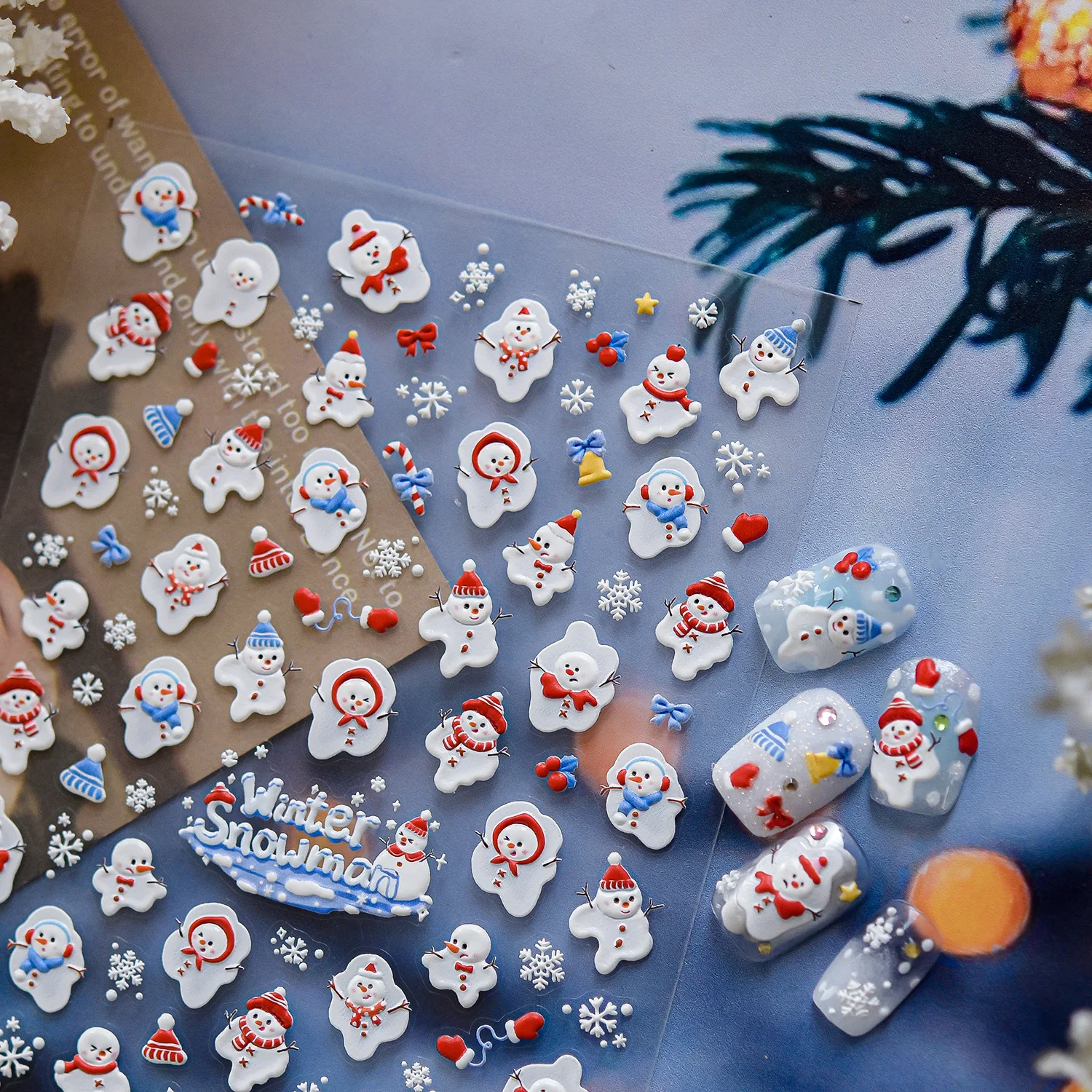 5D Winter Nail Decals Lovely Snowman Snowflake Bow Heart Candy Cane Christmas Self‑Adhesive Nail Stickers DIY Nail Art Decor