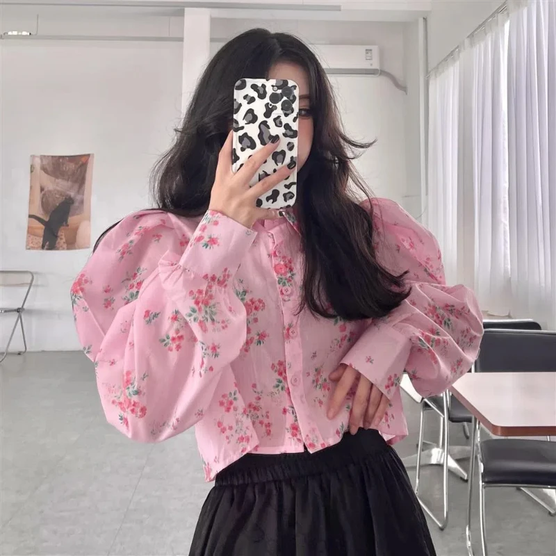 Sweet Floral Pink Short Shirt Tops Spring Autumn Long Sleeve Polo Neck Printing High Street Blouse Fashion Casual Women Clothing