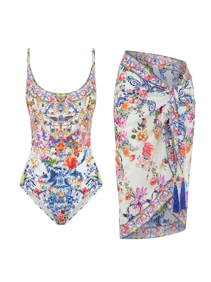 Fashion Colourful Flower Cluster Printed Women\'s Bikini Sexy Low Neck Backless Swimsuit and Long Cover Up 2024 Seaside Holiday