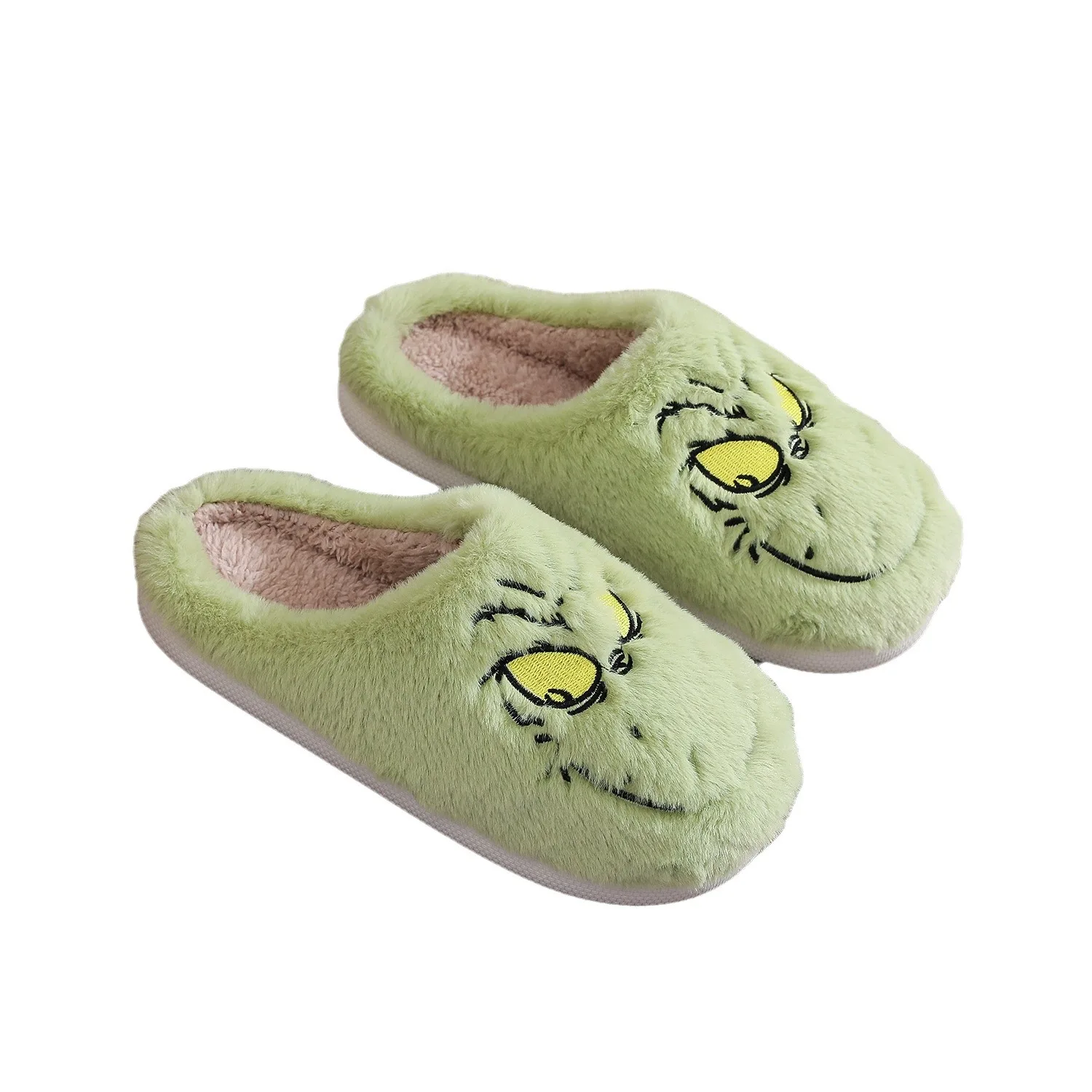 WinteNew  Cartoon Green Monsters Warm Fur Women Men Slippers High Home Cover Lovers Plush Shoes Solid Slip-on EVA Ladies Fluffy