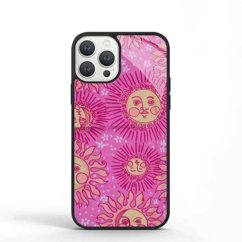 Cute Pink Suns Pattern Phone Case For IPhone 11 12 13 14 15 Plus Pro Max Mirror Acrylic PC TPU Cover