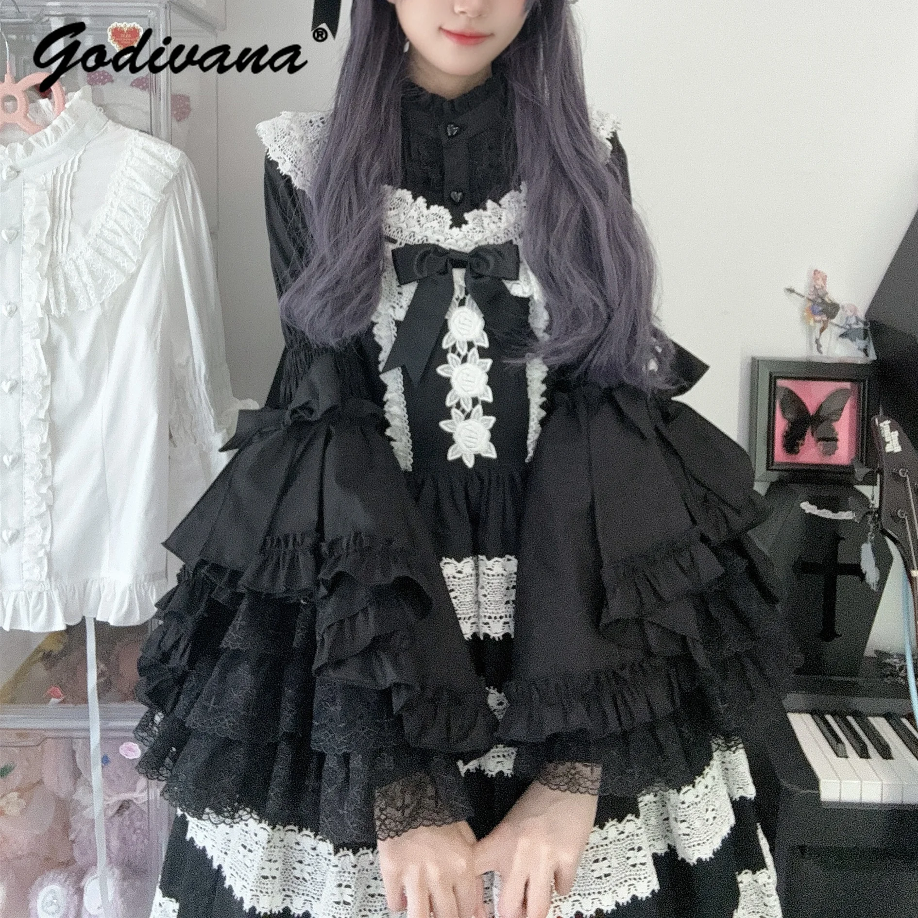 Original Lolita Girls Long-sleeved Stand Collar Lace Flare Shirt New Spring and Autumn Women\'s Sweet Fairy Princess Blouse Tops