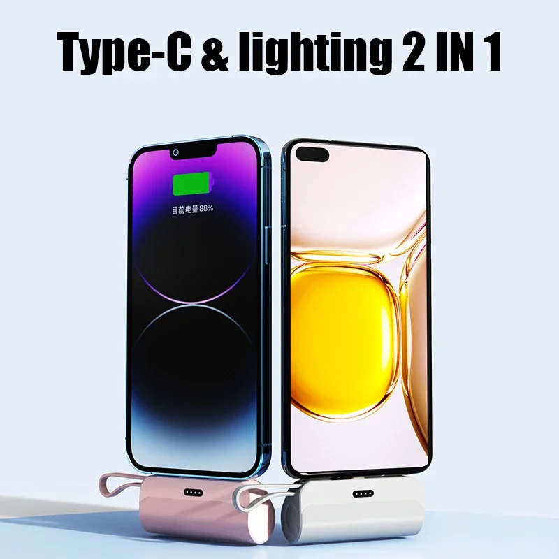 Mini Power Bank 20000mAh Portable Fast Charging External Battery for iPhone12 13 14 15 Huawei and Xiaomi 2-in-1 Type-C Lightning