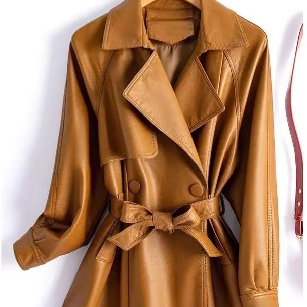 Women's Solid Color Turn-down Collar Double Breasted Belted Waist Mid-length Faux Leather Jacket Slimming All-match Commute Coat
