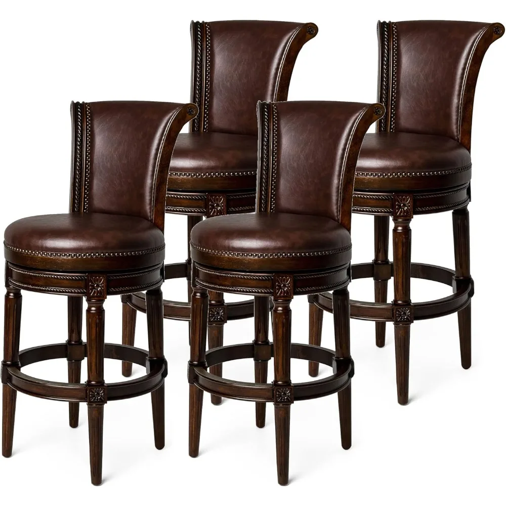 Tall Bar Height Upholstered Barstool with Back, Dark Walnut Finish with Vintage Brown Vegan Leather Cushion Seat, Set of 4