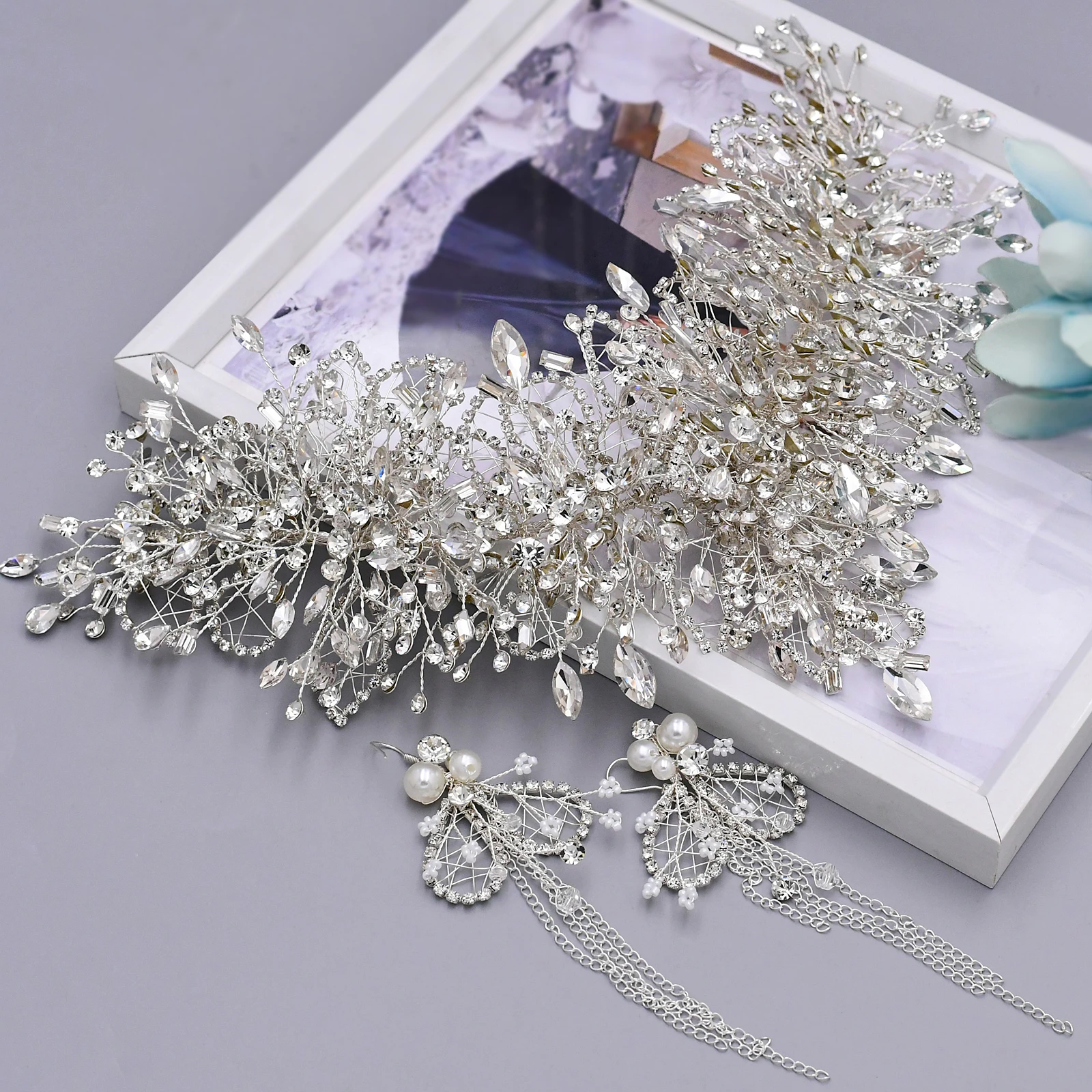 Tiara da sposa in argento con strass che borda lussuoso Set di gioielli con testa a corona da sposa copricapo e orecchini abito da principessa originale