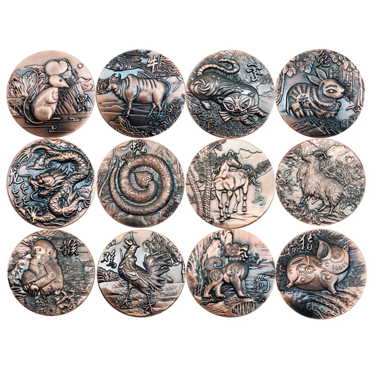 12pcs/set Twelve Zodiac Coin 3D Bronze Medal Year of the Horse Coins Art Collection Challenge Christmas Decor New Year Gift