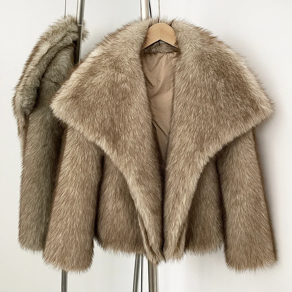 Fluffy Imitation Fur Coat Gradient Winter Clothes Woman Eco-Friendly Cozy Big Fur Collar Faux Fox Fur Jacket Female Outerwear