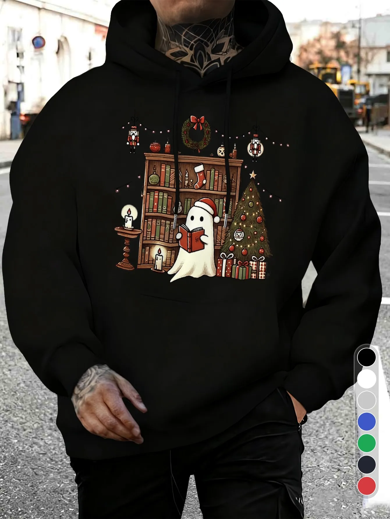 Sudadera con capucha para hombre, estilo casual deportivo, con estampado clásico navideño, ideal para otoño/invierno.