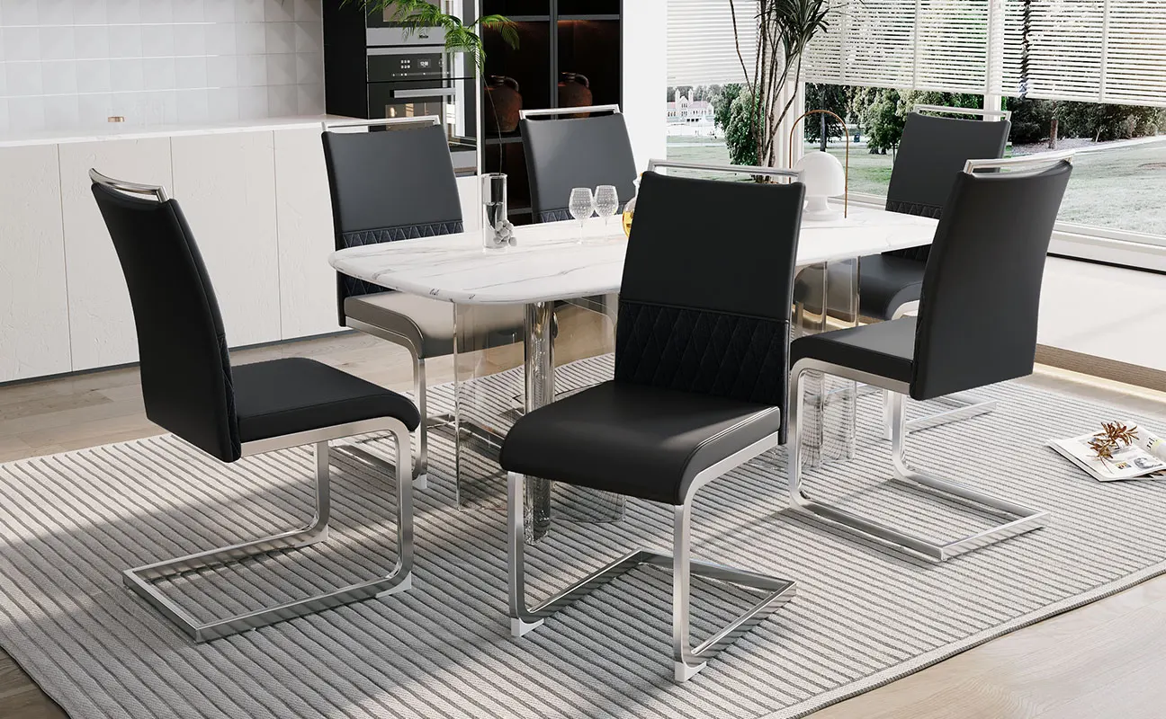 VSOGA Modern Dining Chair Set Of 4, PU Faux Leather And Linen Back, High Back Upholstered Side Chair, Cross Stripe Back Design