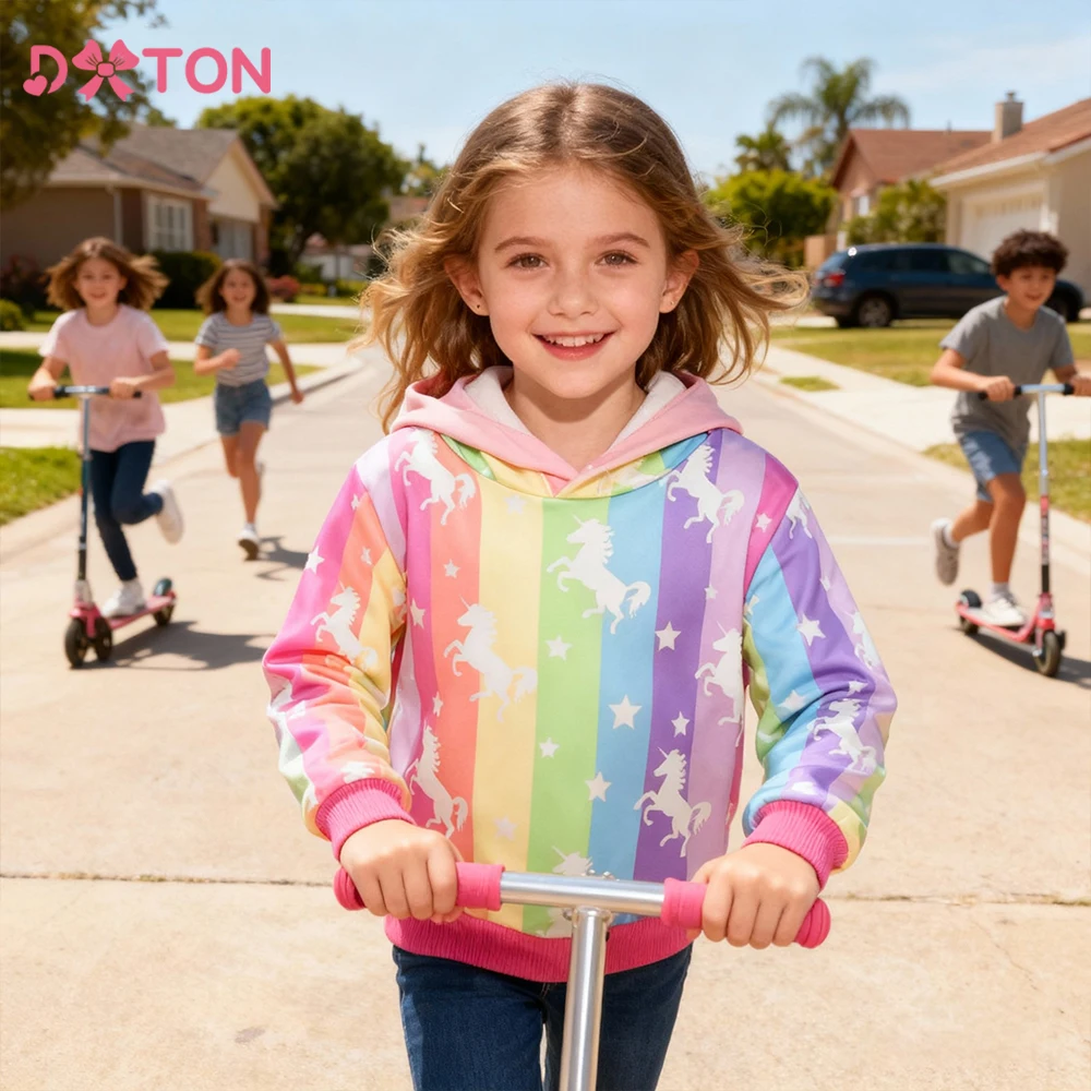 

DXTON Girls Hoodies T-shirts Autumn Children Hooded Sweatshirt Rainbow Striped Kids Tops Polyester Colorful Children Clothes
