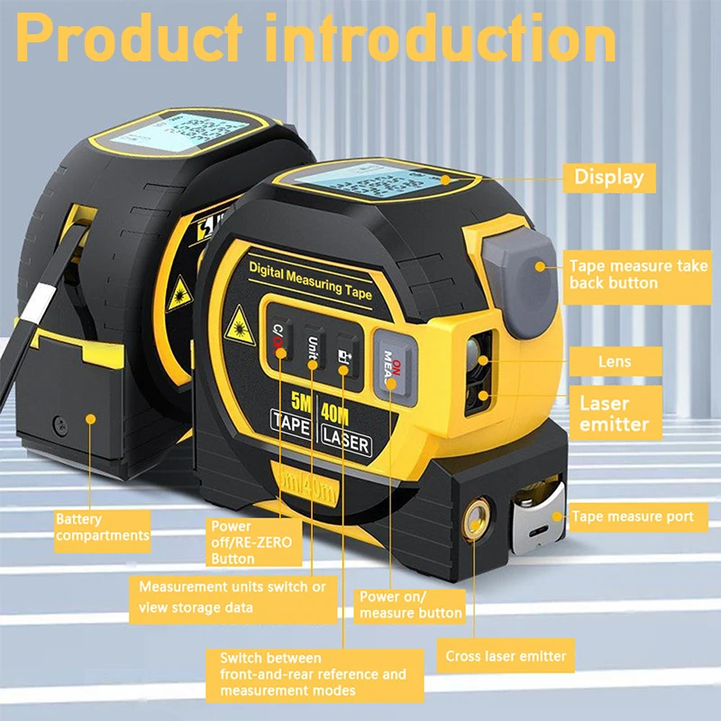 3in1 Laser Distance Meter Measuring Laser Tape Measure  Digital Distance Meter Rangefinder Digital Electronic 5m Tape Measure