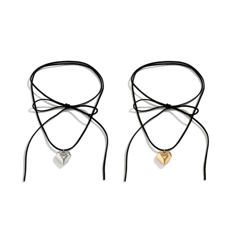 Heart Pendant Collar Necklace Long Rope Bow Tie Choker Necklace Fashion Jewelry Neck Tie Clavicle Chain Necklace