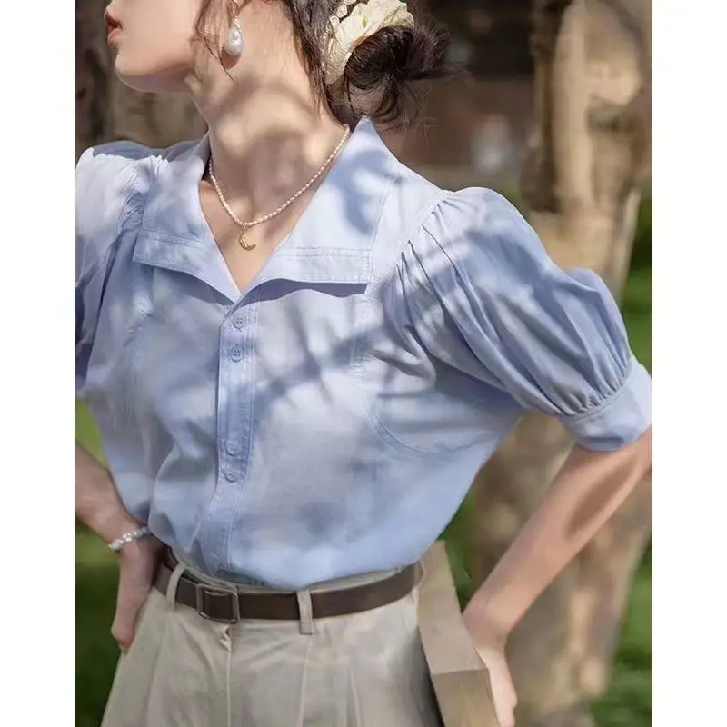 Summer Simplicity Buttons Solid Color Turn-down Collar Short Sleeve Blouse Female Fashion Shirts Women Clothing All-match Tops