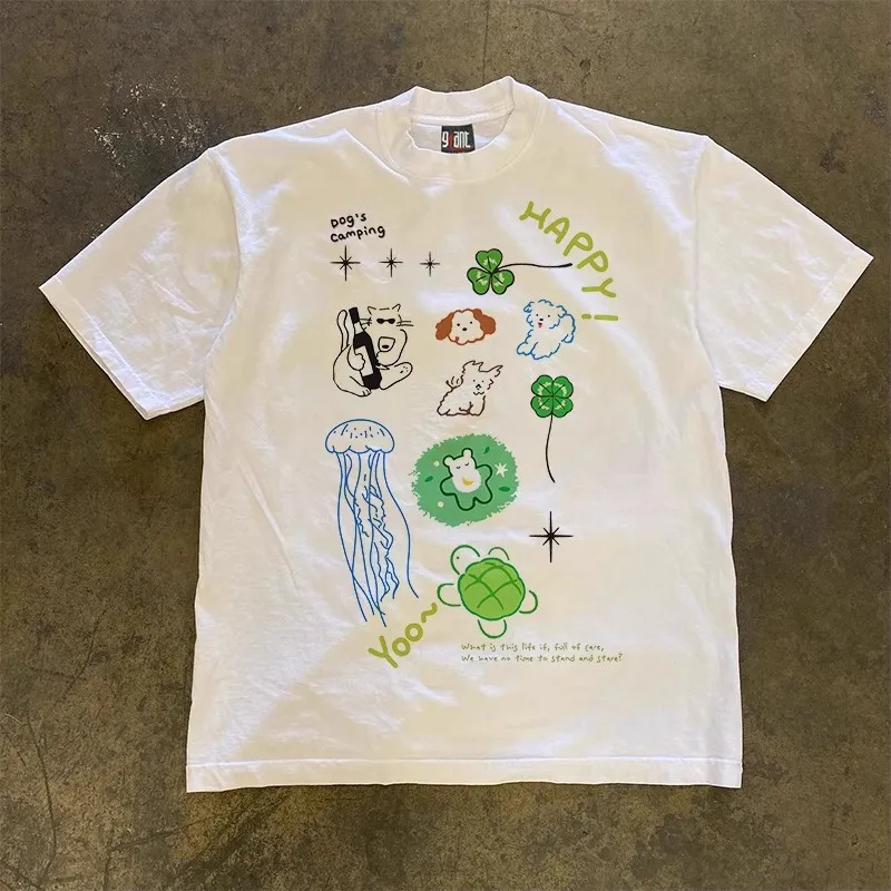 Cat Jellyfish Printed Cotton Short Sleeved Couple Casual Sailing Style T-shirt Trendy Street T-shirt