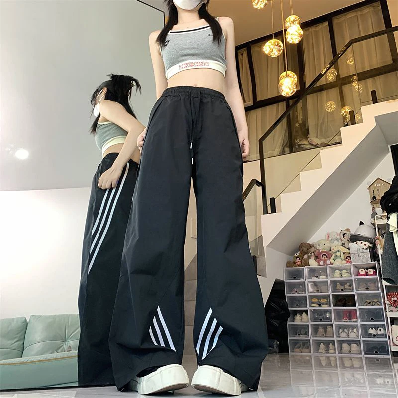 Oversized Striped Sweatpants Women Y2k Streetwear Cargo Pants Summer Black Wide Leg Joggers Harajuku High Waist Baggy Trousers