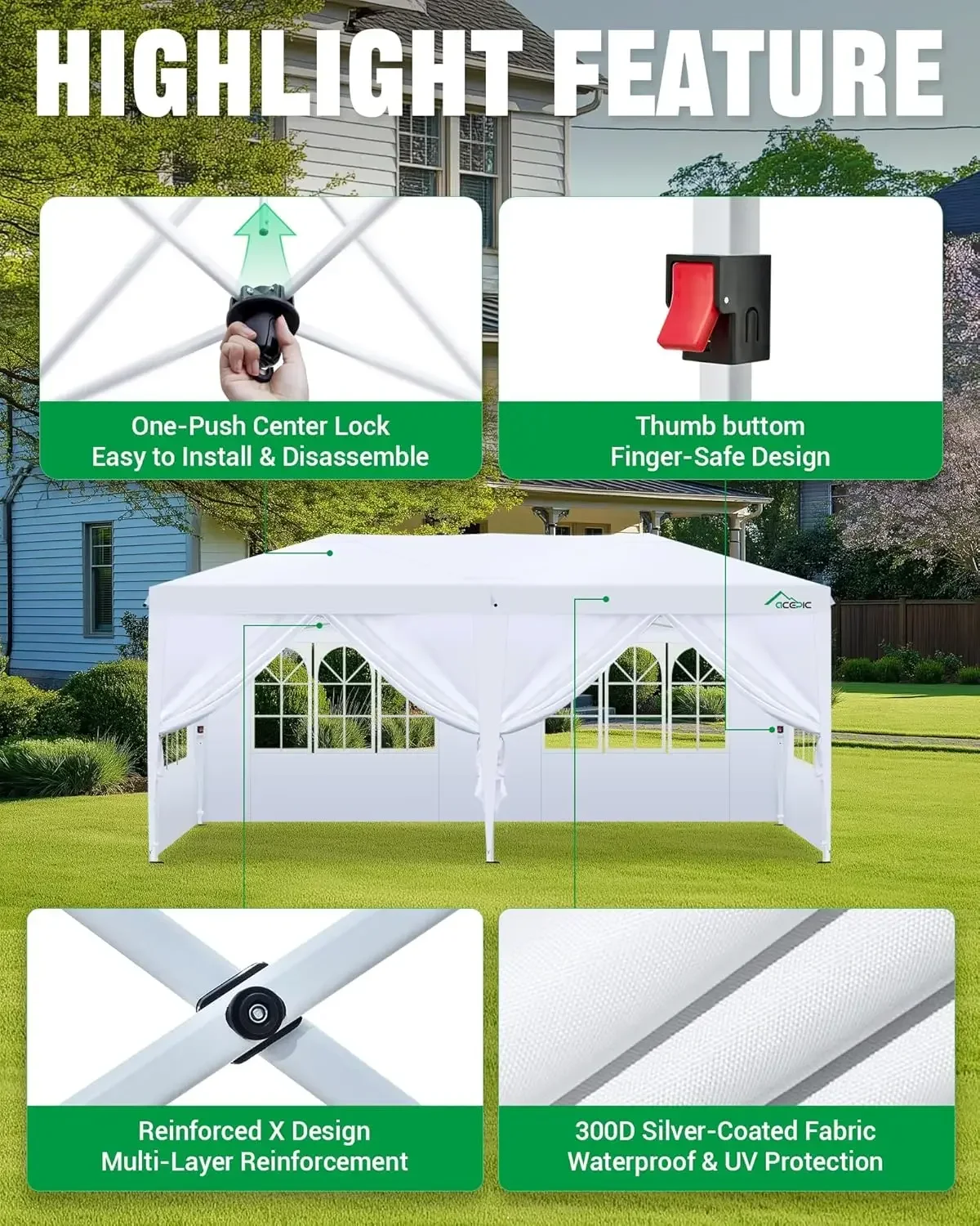 10x20 Pop Up Canopy,2 Central Lock Easy Set-up Outdoor Party Tent, Commercial Tent, 6 Removable Sidewalls, Stakes x12, Ropes x6,