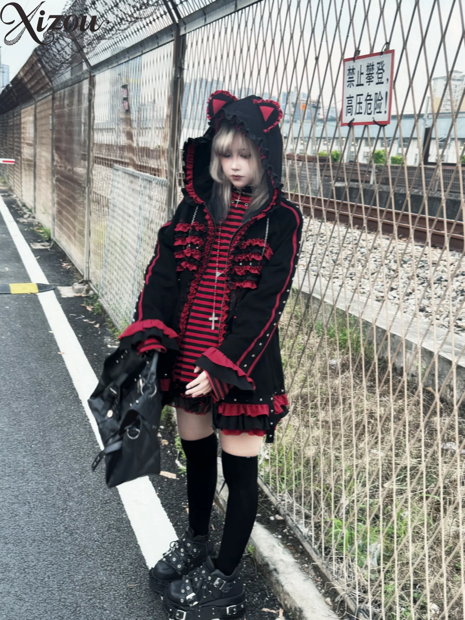 2025 اليابانية القوطية مقنعين سترة المرأة الخريف الشتاء أسود أحمر القط الأذن فضفاضة سستة طويلة الأكمام معطف خمر Y2k بلوزات #1