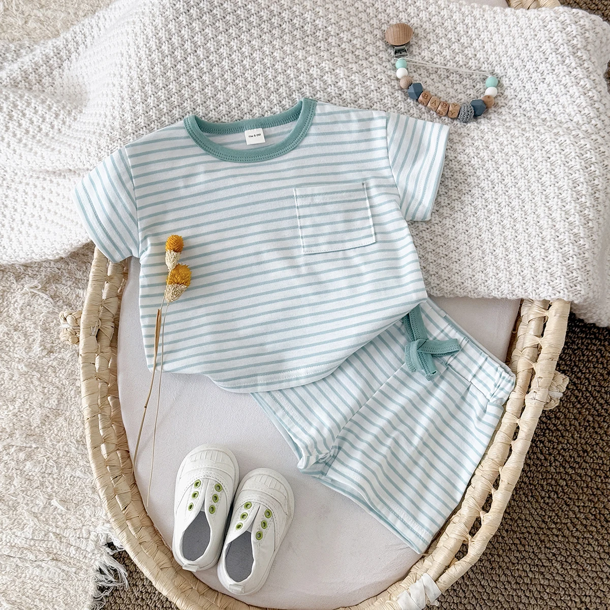 2025 الصيف الوليد بيبي بوي و الفتيات الملابس مجموعة الترفيه الأخضر شريط قميص + السراويل الملابس الرياضية دعوى الأطفال 2 قطعة/المجموعة