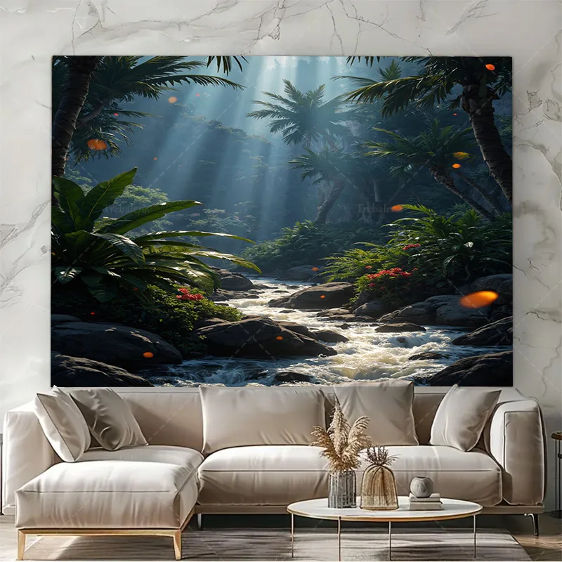قطعة واحدة من نسيج الجدار نسيج تيار الغابة الاستوائية - أشجار النخيل المضاءة بالشمس ومشهد النهر