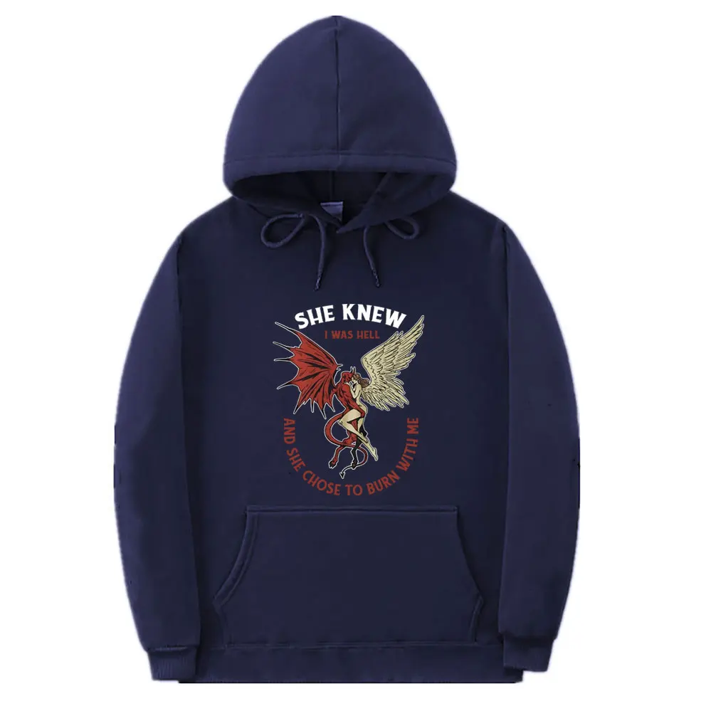 She Knew I Was Hell and She Chose To Burn with Me Angel and Demon Vintage Graphic Hoodie Men Women Fashion Oversized Sweatshirt