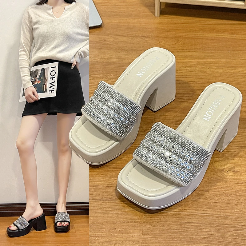 Summer Brand New Women Sexy Platform Beach Slippers High Heels Wedges Sandals Ladies Fashion Rhinestone Flip Flops Slides Shoes