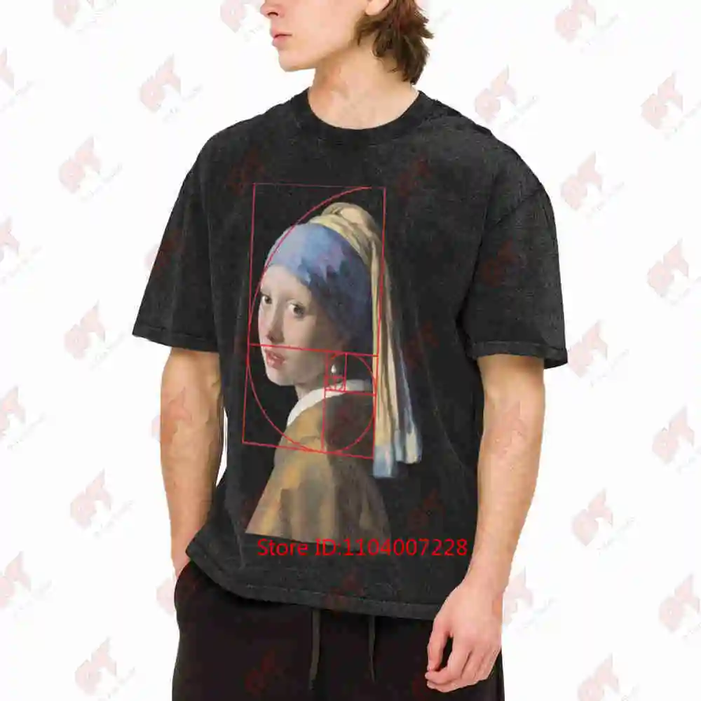 Vermeer Girl With Pearl Earring Fibonacci Sequence Vintage Washed Tee Pure Cotton T-Shirt
