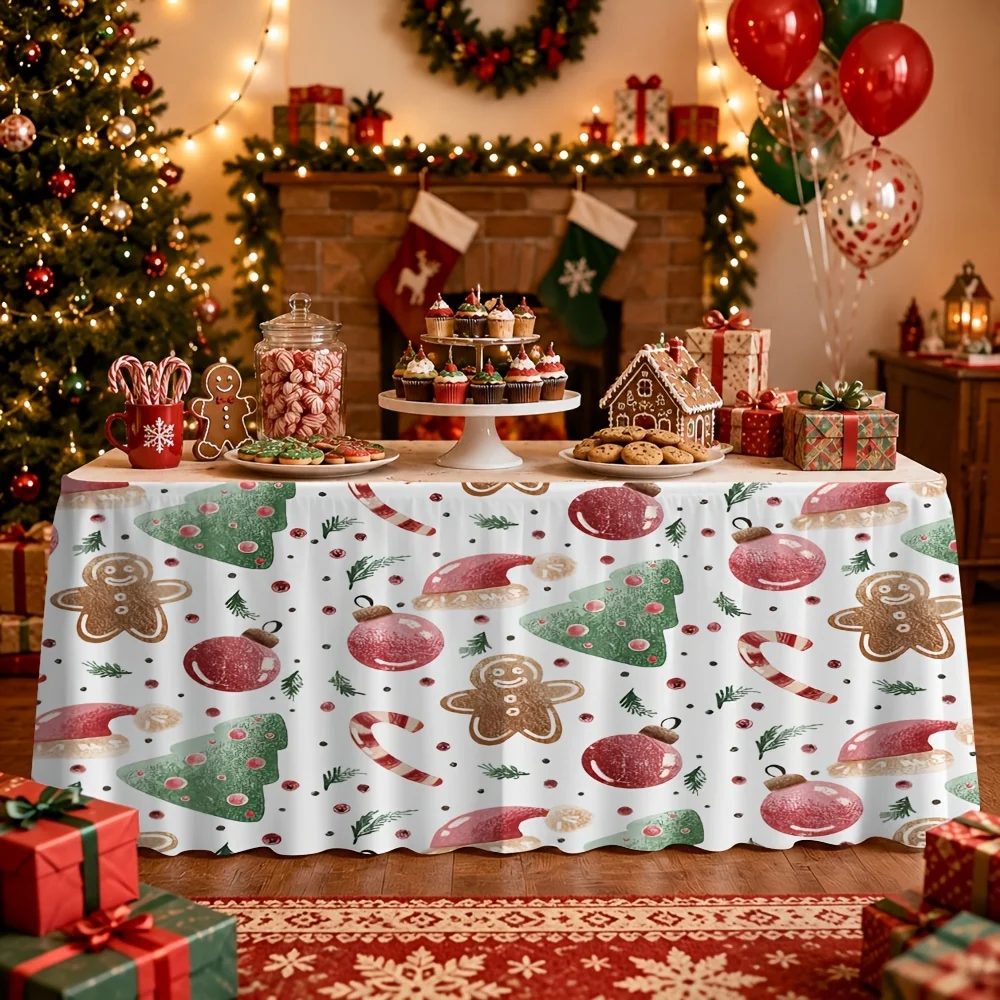 1-Pack, Christmas Day pattern printed tablecloth table skirt, suitable for party events, kitchen and restaurant decoration