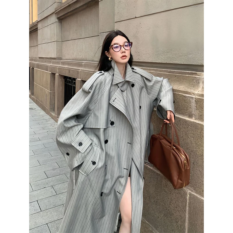 

Autumn 2024 New Lapel Trench Coat Loose Lace-Up Coat Korean Version Of Advanced Feeling Over The Knee British Wind Y2k Long Coat