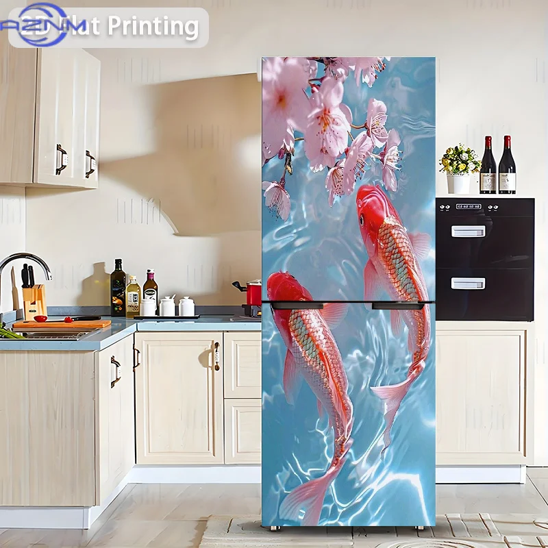 1pc 2D Pattern Printed Refrigerator Sticker , The Pattern Is Two Koi Playing with Cherry Blossoms, Wall Sticker Decoration Wal