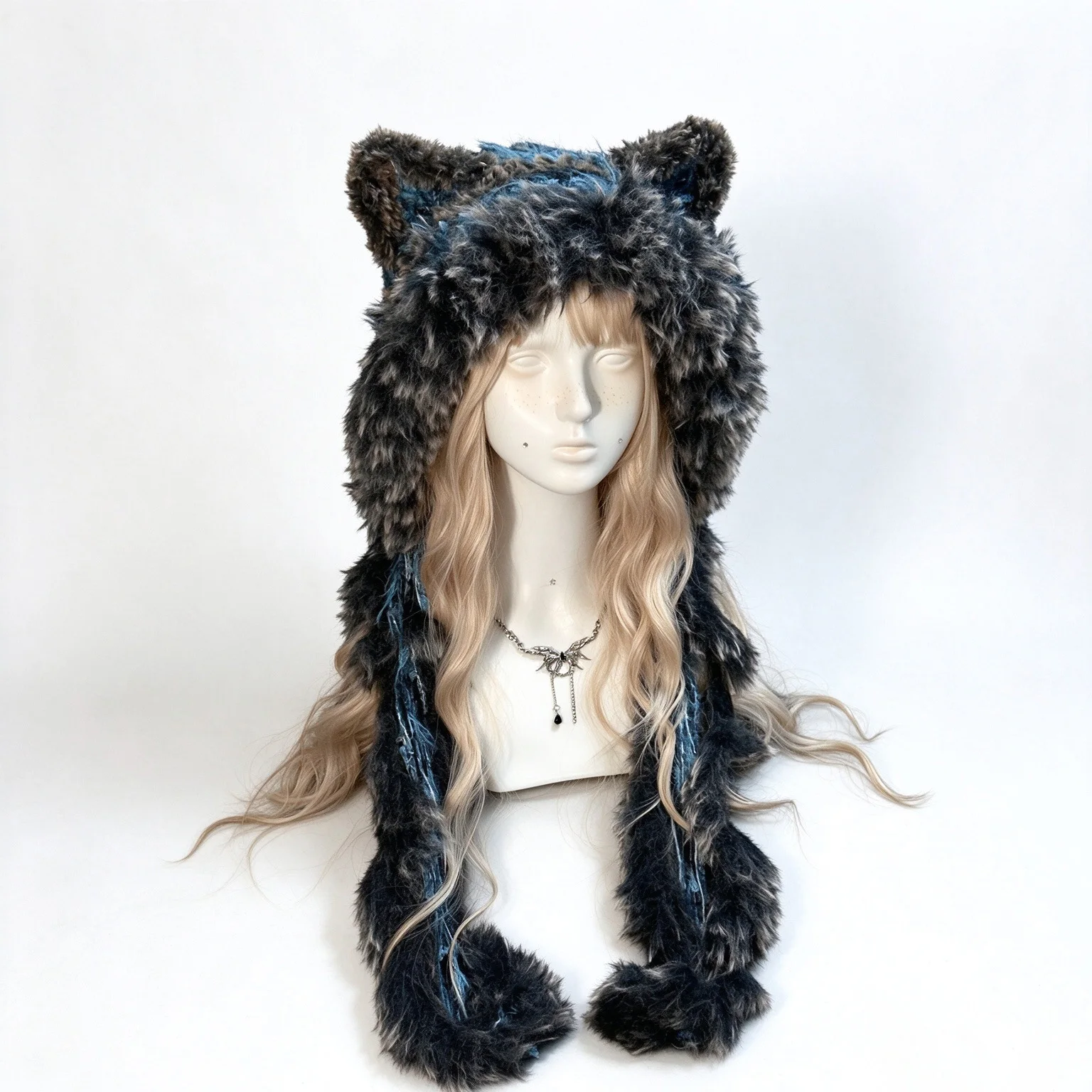 Handmade Black Blue Striped Cat Ear Hat Men Winter Warm Custom Crochet Plush Knit Beanie Women Cosplay Unisex Gothic Hood Cap