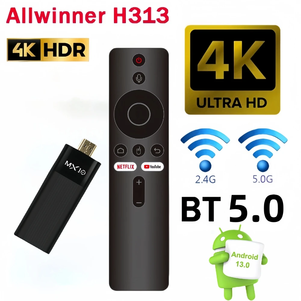 MX10 Mini TV Stick Android 13 Allwinner H313 Quad Core Cortex A53 Support 4K HD Video Wifi6 BT5.0 Voice Remote Smart TV Box