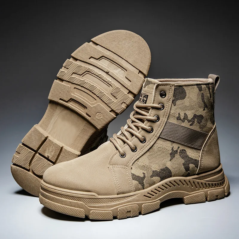 

Camouflage Men's High-Top Shoes British Retro Casual Workwear Lace-up Shoes Outdoor Sports Thick-Soled Non-Slip Hiking Shoes