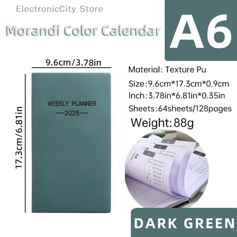 Agenda giornaliera 2026 da 1 pezzo, calendario in pelle a colori Morandi formato A6, 64 fogli, calendario settimanale sottile da 128 pagine
