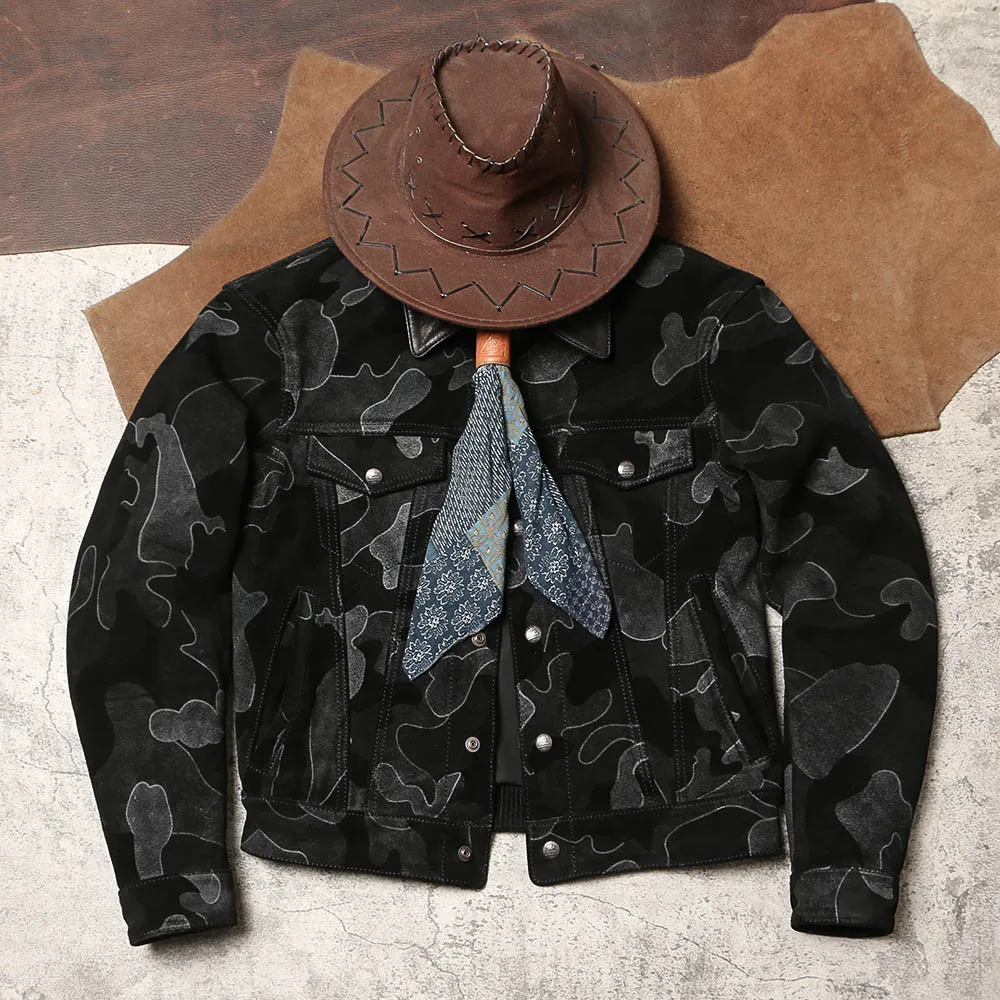 Vintage Camo Suede Cowhide Leather Jacket, Small Size 507 Workwear High Waist Short Genuine Coat Unisex Men Women