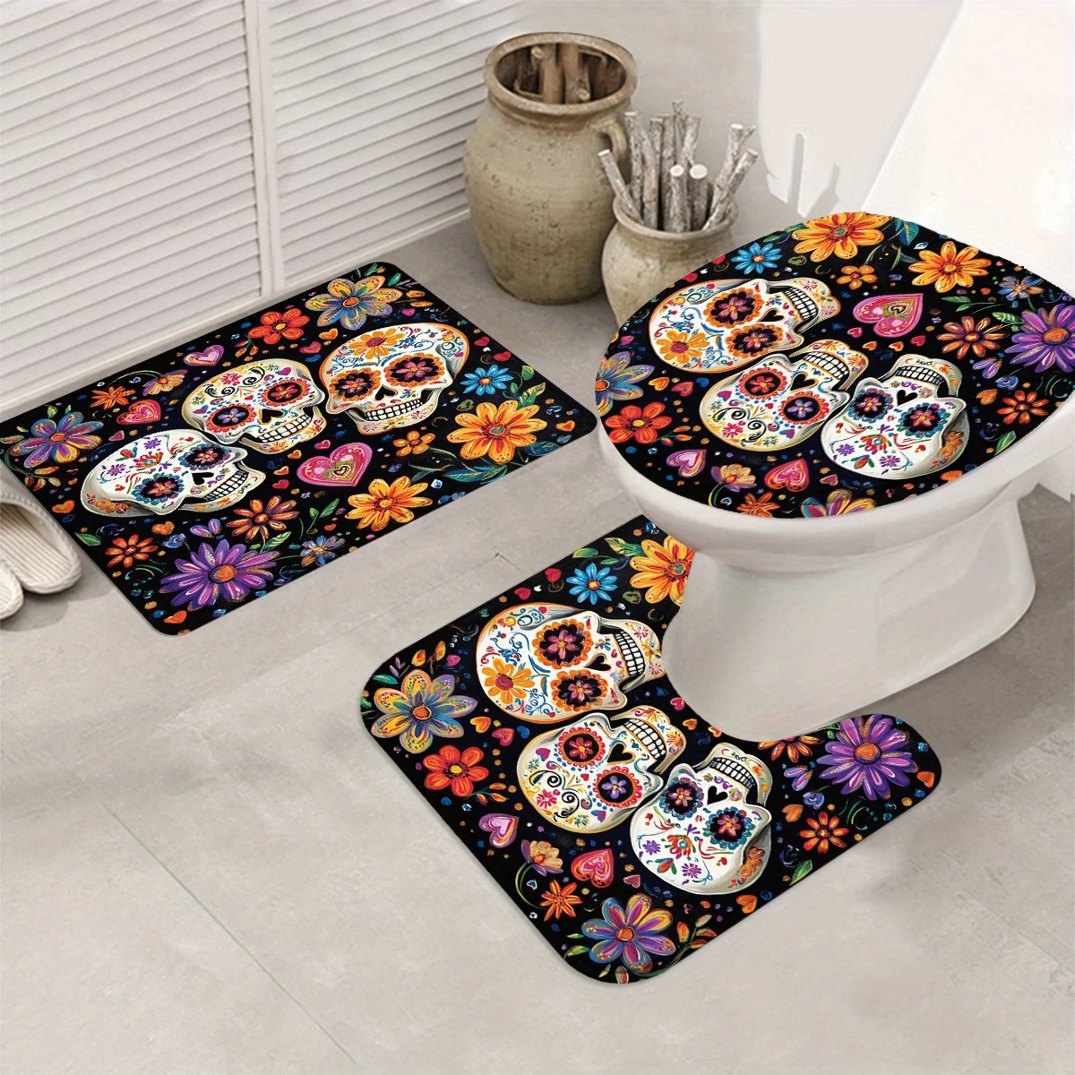 4pcs Mexican Sugar Skull Bathroom Set - Day of the Dead Shower Curtain, Toilet Cover & Mats, Floral Heart Decor, Vibrant Gift