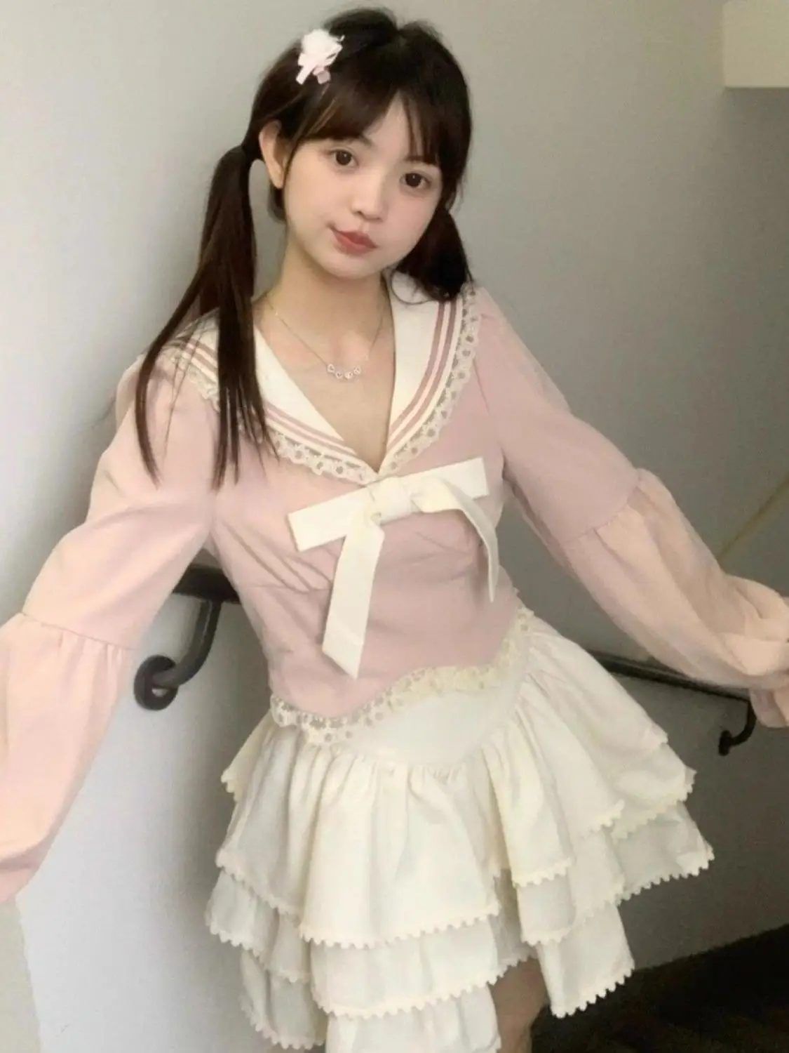 

Pink Uniform Set for Women Sweet Sister Style College Autumn Navy Collar Top Skirt Two Piece Set Long Sleeve Long Pants