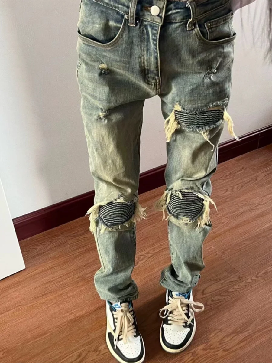 

Slim Fit Straight Leg Jeans Men's Spring Thin Sle American High Street Trend Yellow Mud Patchwork Long Trousers