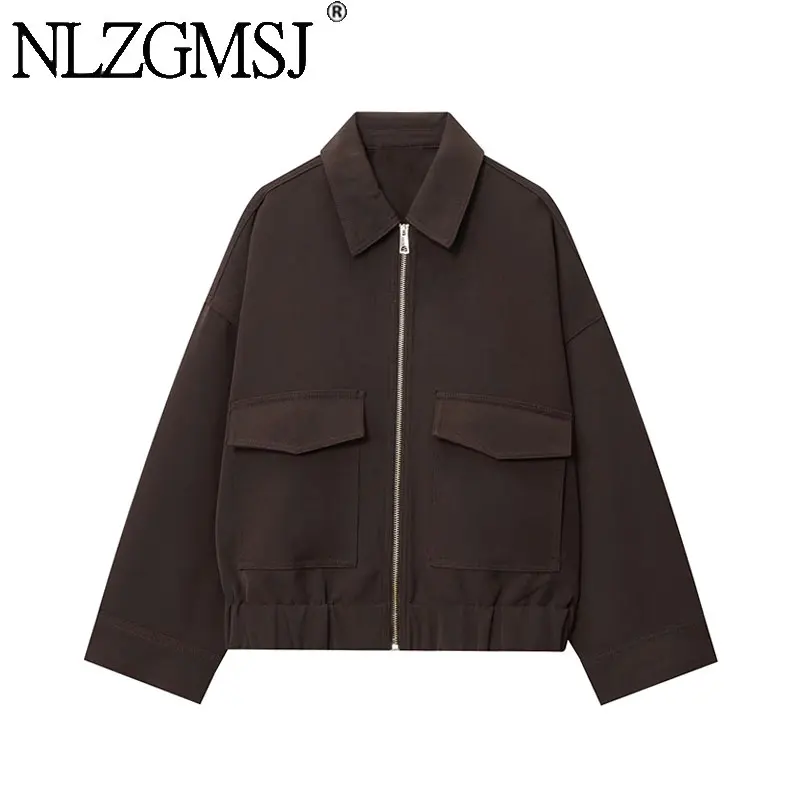 NLZGMSJ Women's 2025 Autumn Elegant Clothing Jacket Vintage Lapel Collar Zipper Full Sleeve Pocket Coat Lady Outerwears