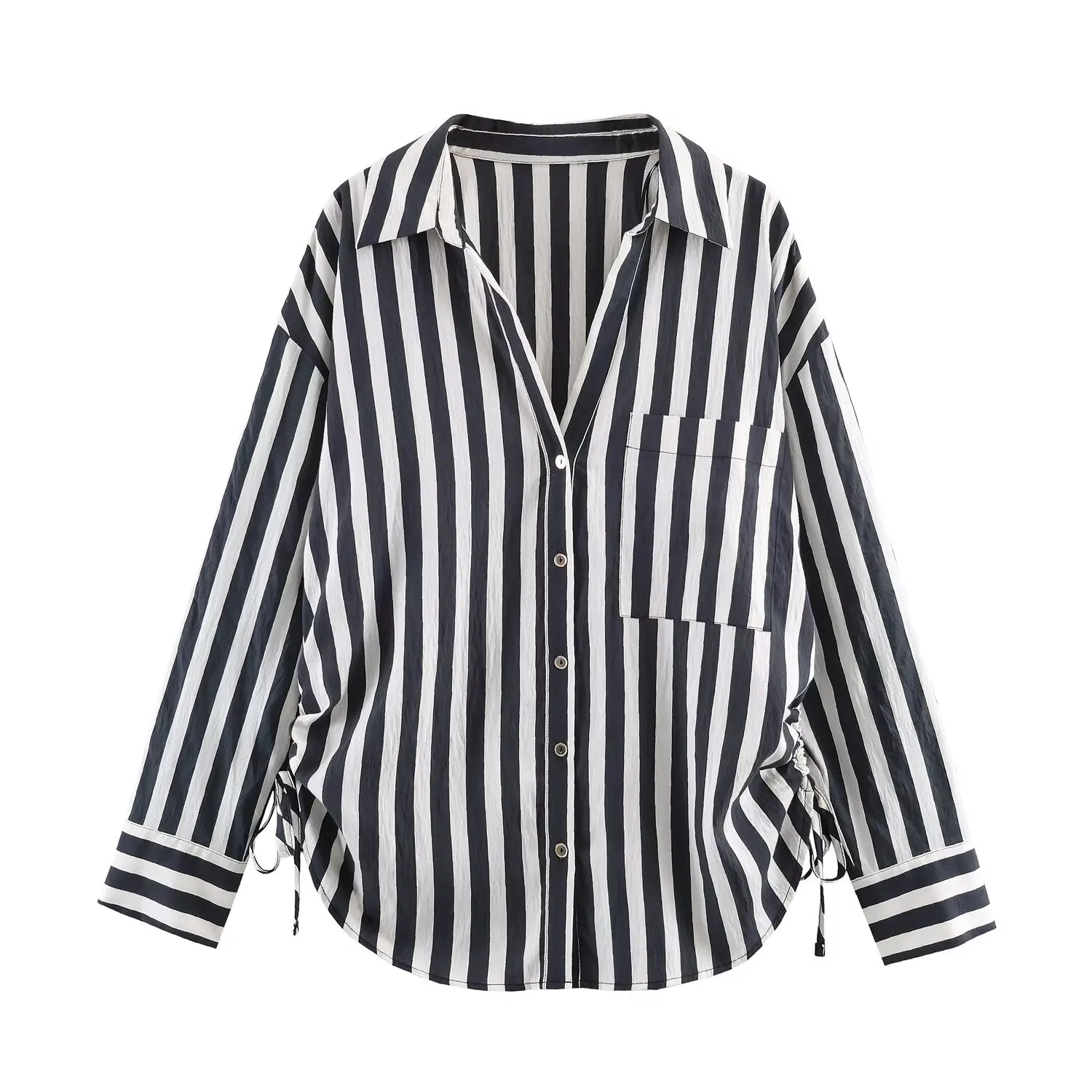 

Women's Spring Fashion Vintage Lapel Lace Striped Shirt Female Temperament Simple Casual Pocket Decorated Long Sleeve Shirt