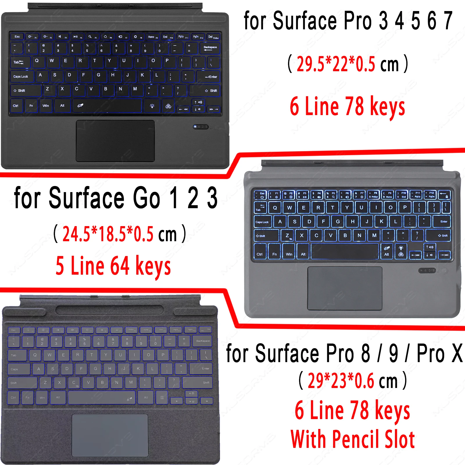 Teclado sem fio com Trackpad retroiluminado, Microsoft Surface Pro 3, 4, 5, 6, 7, 8, 9, Pro X, Go, 1, 2, 3, 4, árabe, russo, espanhol, Coreano, AZERTY