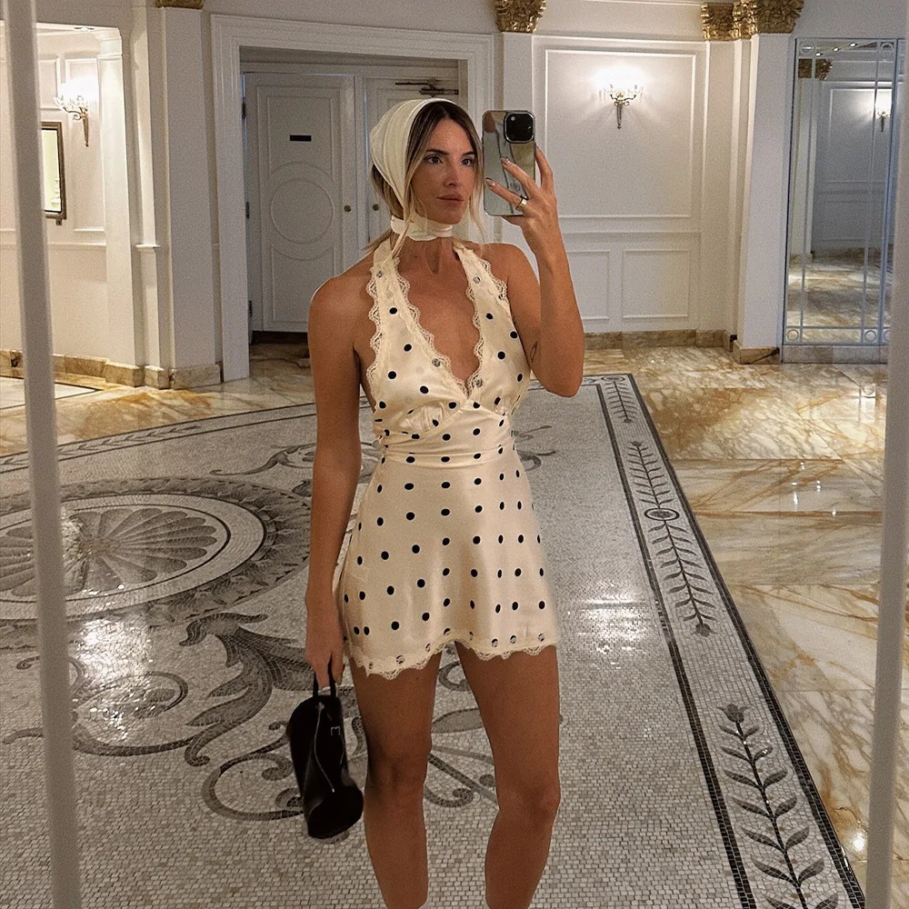 Robe courte moulante en Satin à pois, col licou, dentelle, sans manches, dos nu, nouvelle collection été 2025