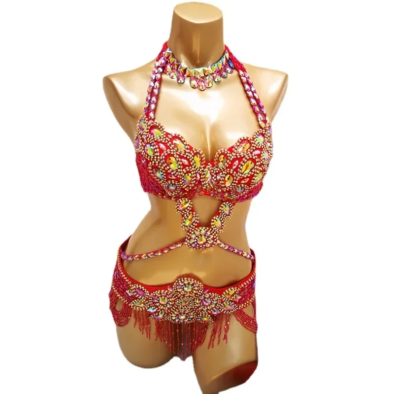 A 2025 Belly Dance Women Samba Carnival Rio Costume Bra and Belt Stage Performance Wear Handmade Beads Adult Show New xjr89