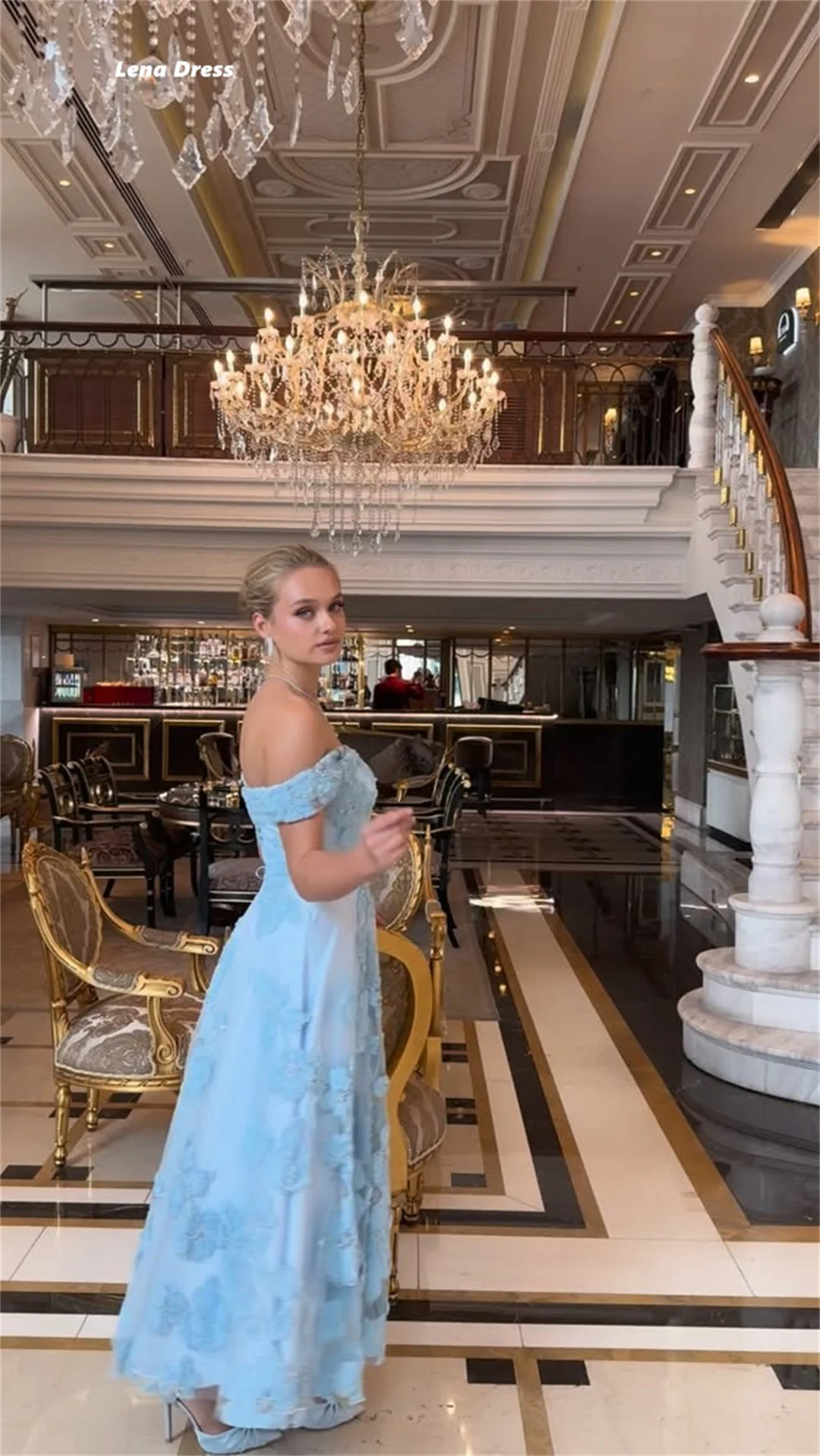 Lena Custom Made Ball Gown Dress Sky Blue Robe Soiree Off the Shoulders Luxury Elegant Evening Dresses Line A Flowers Prom 2025
