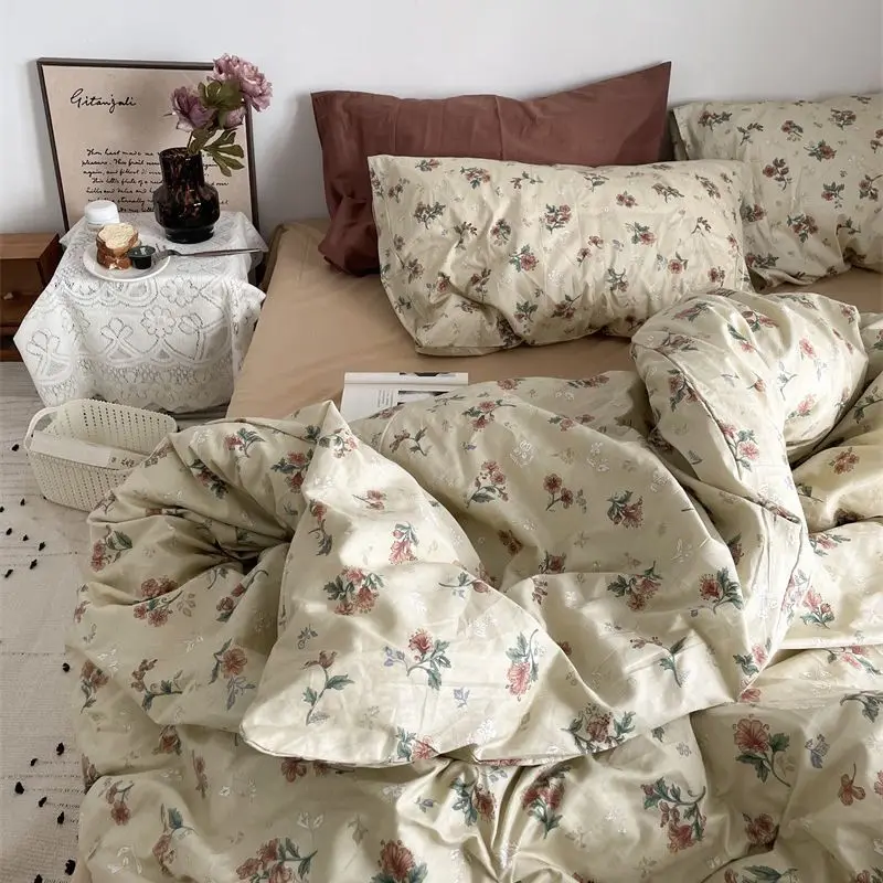 Vintage Floral Duvet Cover Set Flat Sheet Pillowcases INS Cherry Bedding Single Twin Full Size Bed Linens Decor Home for Girls