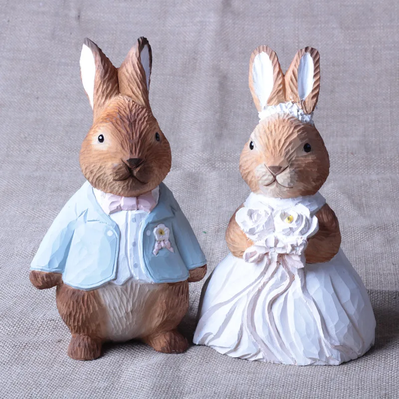 2Pcs Handmade wood carving couple rabbits ornaments wooden wedding bunny handicrafts desktop decoration gifts