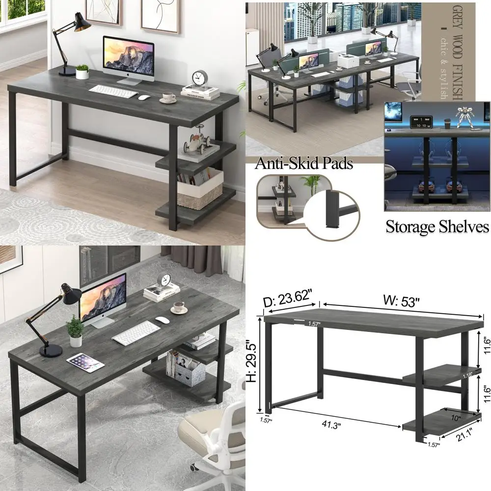 

Home Office Desk with Storage, Modern Wood Writing Table for Study, Bedroom, Living Room, Grey